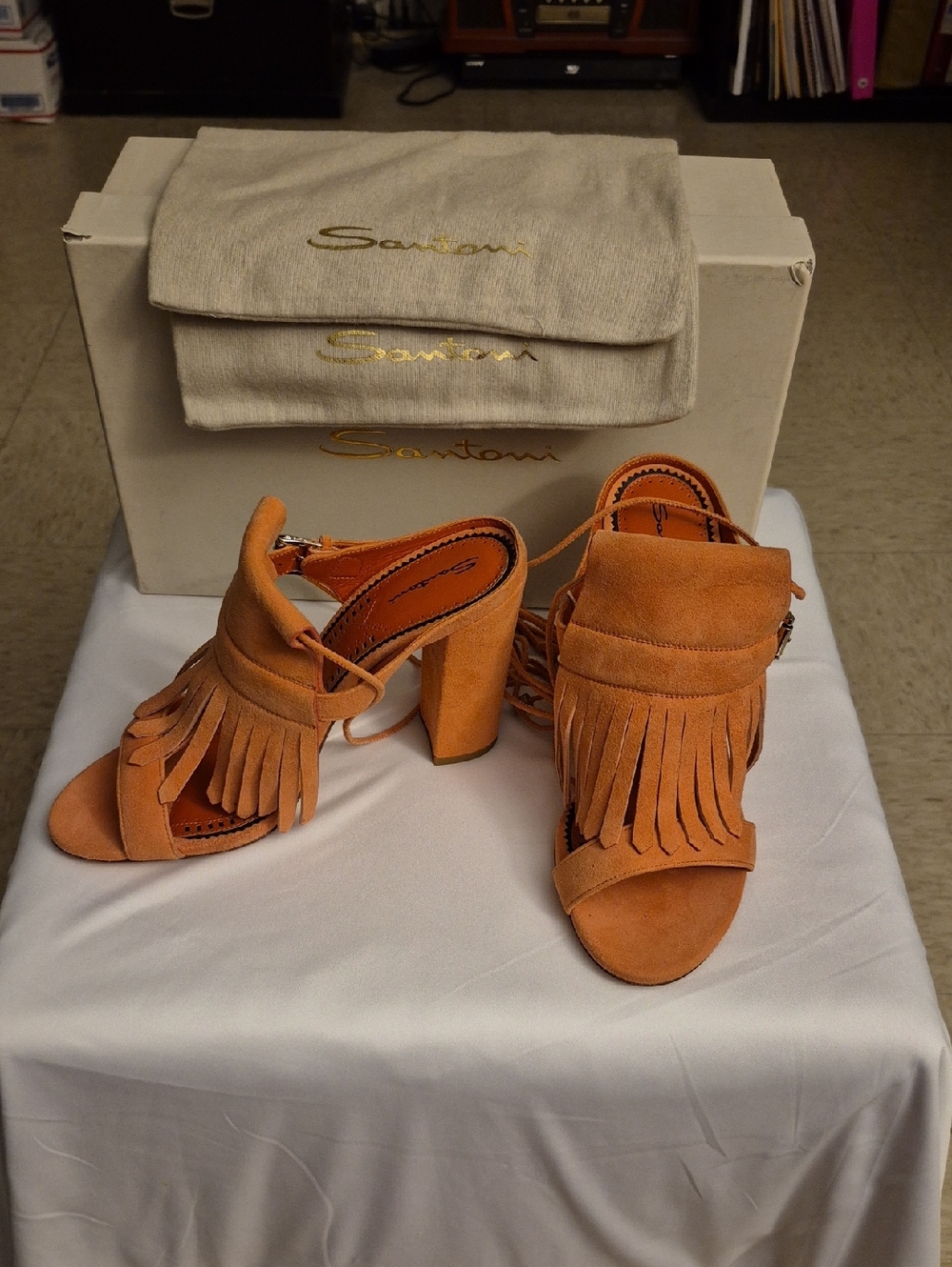 New* Santoni Orange Suede Fringe Block Heel Sandals (Size US 9M /EU 40)